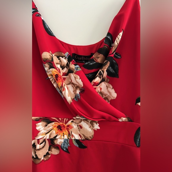Curlbiuty Red Floral Bodycon Ruched Surplice Neck Knee Length Stretch Dress - Picture 4 of 7